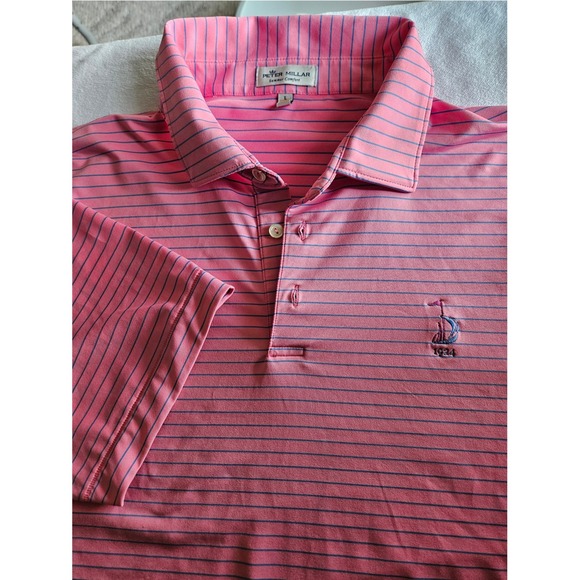 Peter Millar x Dunning Summer Comfort Performance Polo Men's Large‎ Pink Blue - Picture 1 of 5